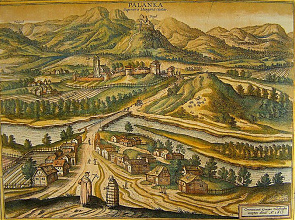 Drégelypalánk látképe 1617-ben színezett metszeten, előtérben a falu.