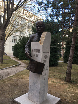 Szobra a bécsi orvostudományi egyetem kampuszán.