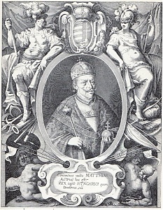 II. Mátyás koronázási díszben, L. Kilián rézmetszete<br/>Az első ismert kép, amelyen Szt. István koronájával és palástjával ábrázolja a királyt.