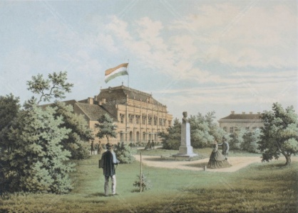 A Múzeumkert Bródy Sándor utcai oldala Slowikowski Ádám színes litográfiája, 1865