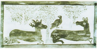 Noszvaji templom kazettás mennyezetén egy másik madár-szarvas kettős hasonló tartalommal