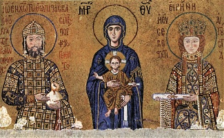 Isztambul, Hagia Sophia székesegyház, Szűz Mária, karjában a kis Jézus, két oldalán II. Ioannés császár és Irene császárné