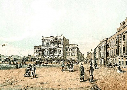 A. Slowikowski: A Magyar Tudományos Akadémia épülete - színezett litográfia