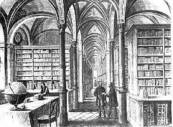 Az Akadémiai Könyvtár a palota megnyitása idején. Ruszt Károly fametszete 1865-bôl