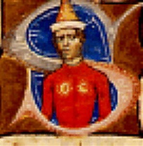 Vérbulcsú, a hatodik kapitány a Képes Krónika S iniciáléjában hegyes süveggel (Chronicon Pictum)