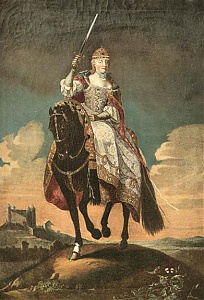 Mária Terézia koronázási kardcsapásai. A királyné alakját Meytens, a lovat Hamilton festette.