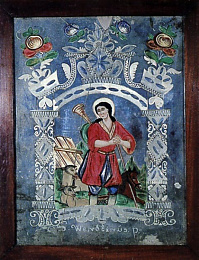 Szent Vendel állatok között, pásztorkunyhó előtt. Tükörkép a Néprajzi Múzeumban