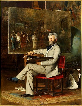 Hans Temple: Munkácsy Mihály portréja.<br/>(A művész a Krisztus Pilátus előtt című festményén dolgozik, 1887)