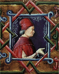 Vitéz János esztergomi érsek arcképe a Plautus-kódex címlapján