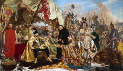 'Báthory Pszkov előtt' Jan Matejko festményén.<br/>Báthory lába alatt a medvebőr jelzi, milyen megalázó volt a békekötés a cár számára