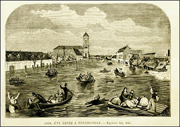 A terézvárosi Nagymező utca sz árvíz idején korabeli rajz után